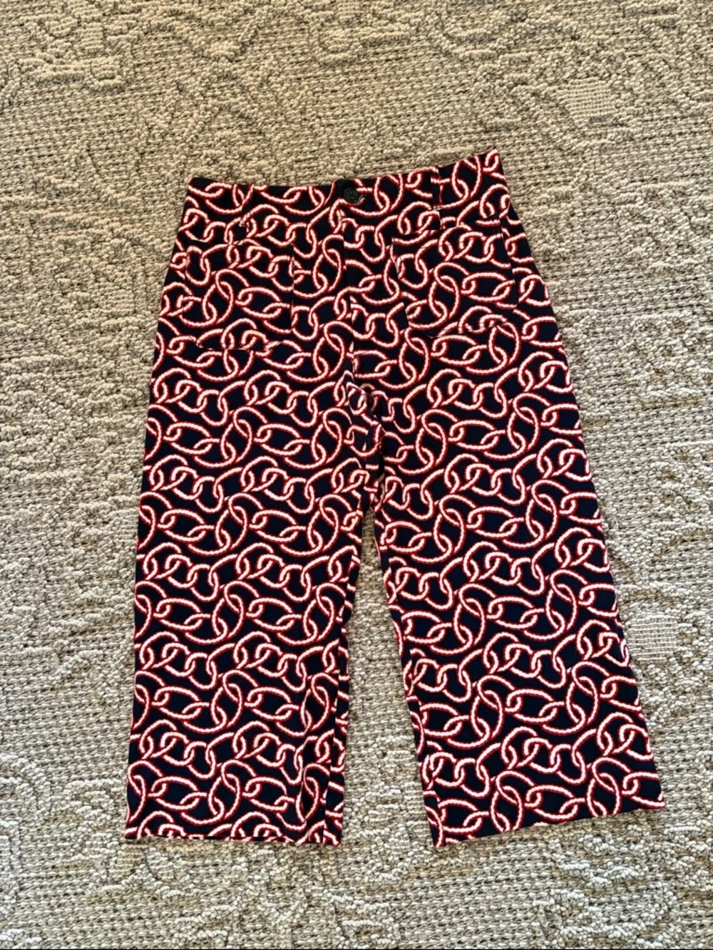 Anthropologie Maeve Navy, Red & White Chain-Print Pants Cropped Size 34 - Picture 2 of 10